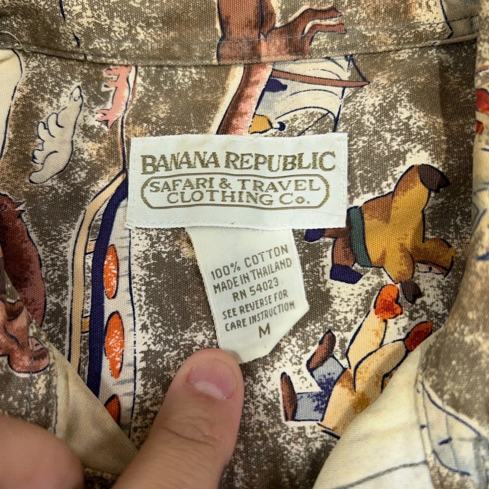 Vintage Banana Republic Safari Long Sleeve Shirt Men M Brown Animals‎ Print AOP